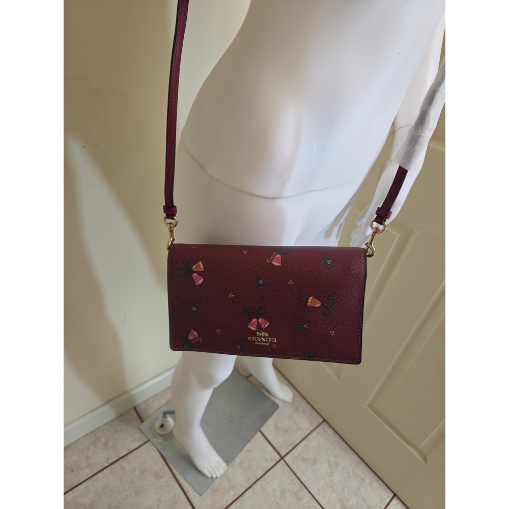 Coach Crossbody Bag Wine Burgundy Holiday Bell Print Crossgrain Leather New - Picture 1 of 11